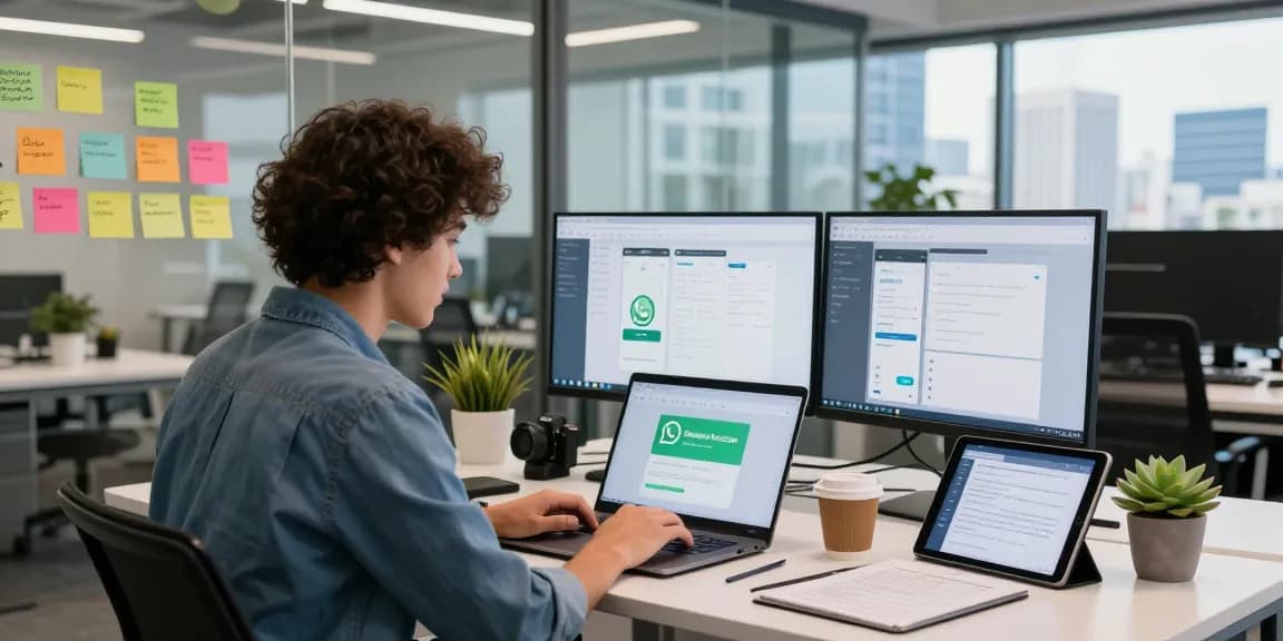WhatsApp下載 page displayed on a laptop in a vibrant tech workspace, showcasing innovative communication.
