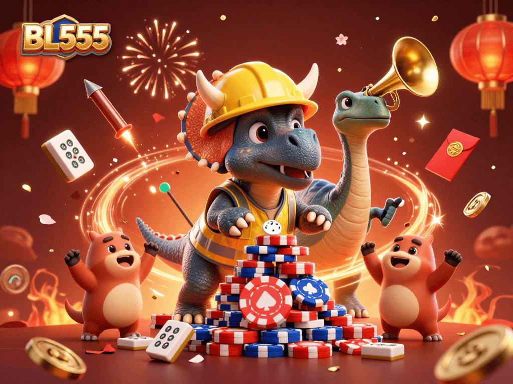 Engage in exciting gameplay at BL555 with vibrant casino-themed characters celebrating wins and playing with poker chips.