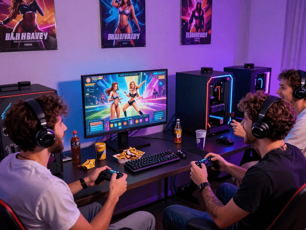 Players enjoying online porn games together in a lively atmosphere