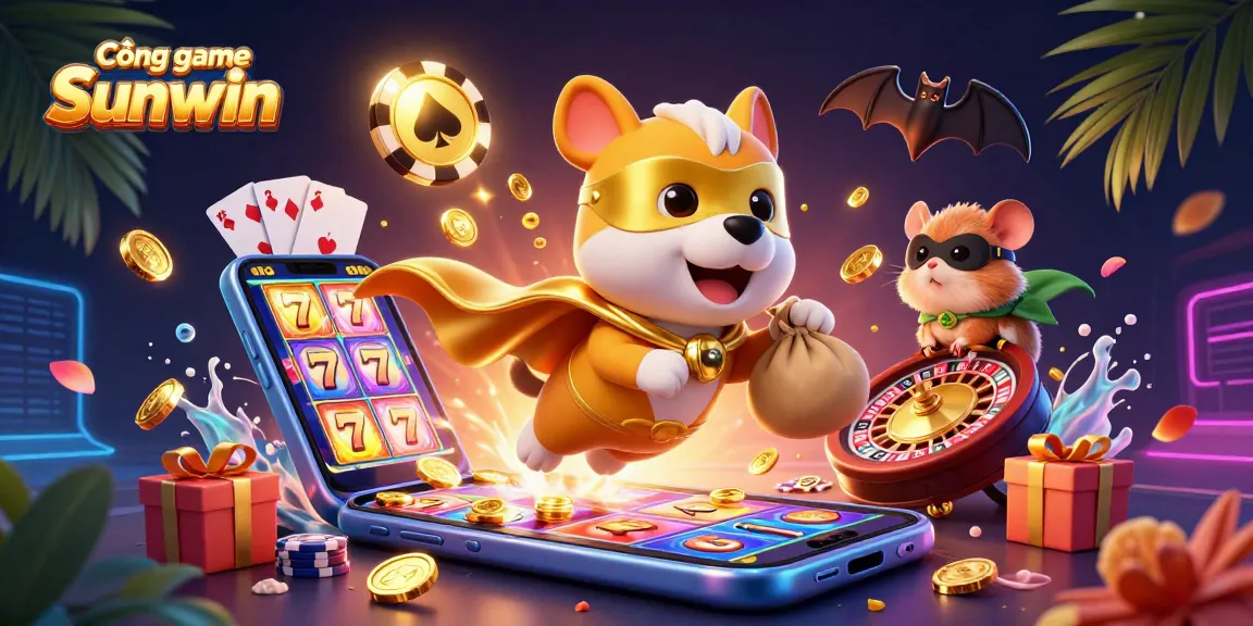 Cổng game Sunwin showcases a superhero dog flying with gold coins, surrounded by vibrant casino elements, enriching the gaming experience.