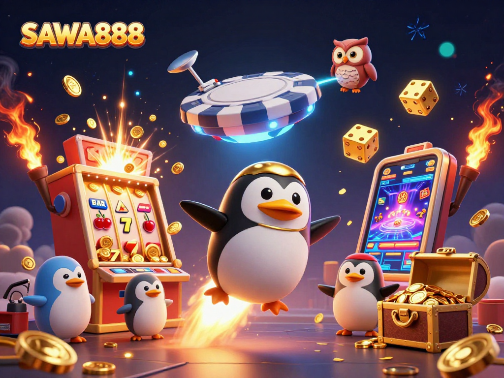 SAWA888 offers an engaging gaming experience with a vibrant 3D casino scene featuring slot machines and golden coins.