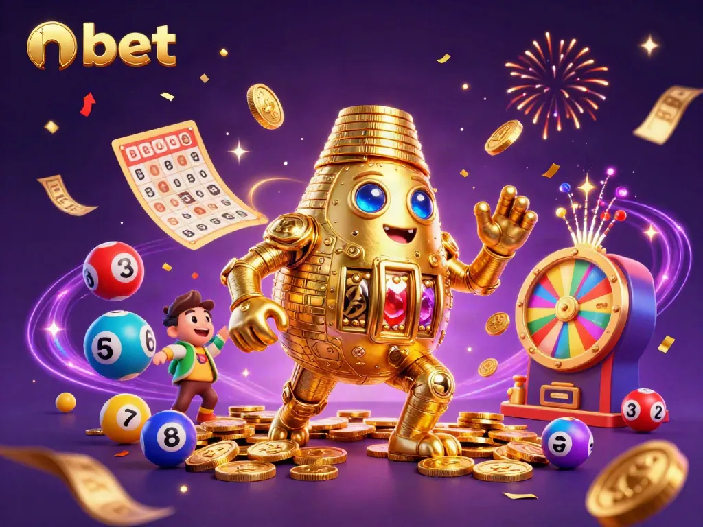 Engage with nbet in a vibrant 3D casino world showcasing a golden golem amidst lottery balls and golden tickets.