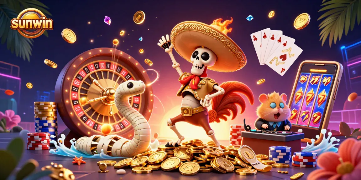 Sunwin triumphs with vibrant casino characters celebrating over golden winnings and casino elements.