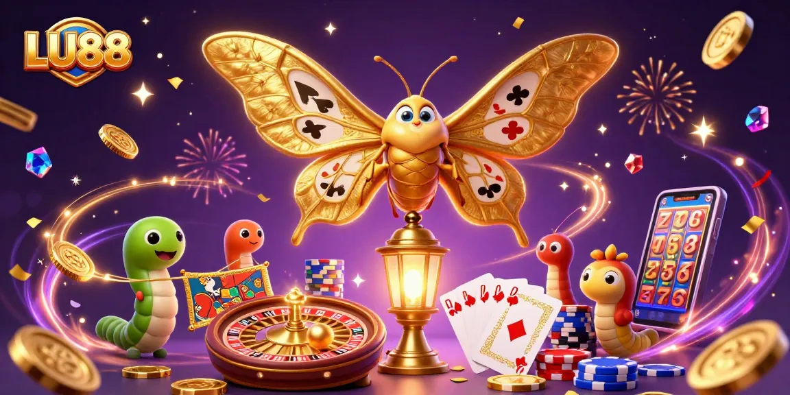 LU88 showcases a vibrant 3D casino scene with dazzling coins and gaming elements, engaging players.