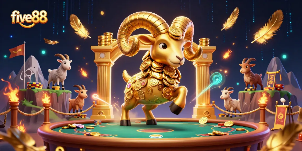 Engage in exciting poker action with five88's 3D illustration featuring a golden ram, showcasing vibrant casino elements.
