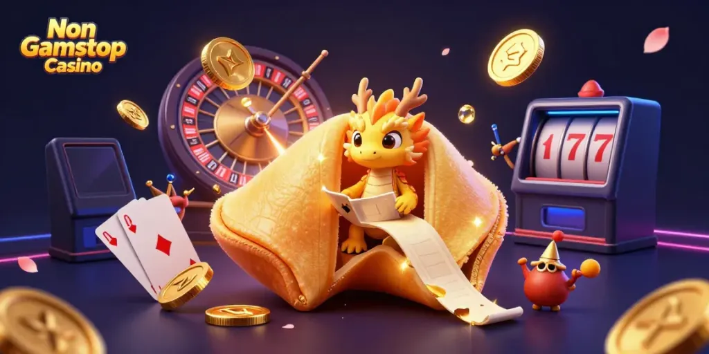 Experience the thrill of Non Gamstop Casino with a 3D illustration showcasing vibrant gaming elements.