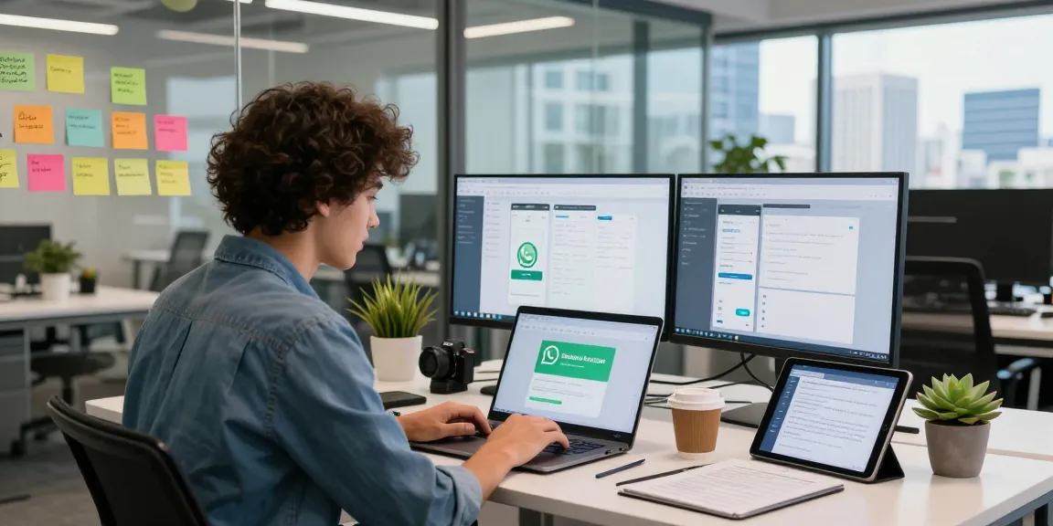 WhatsApp下載 page displayed on a laptop in a vibrant tech workspace, showcasing innovative communication.