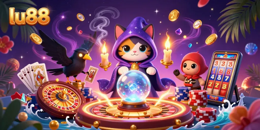 Experience thrilling jackpots and exciting games at lu88 with animated casino characters and vibrant casino elements.