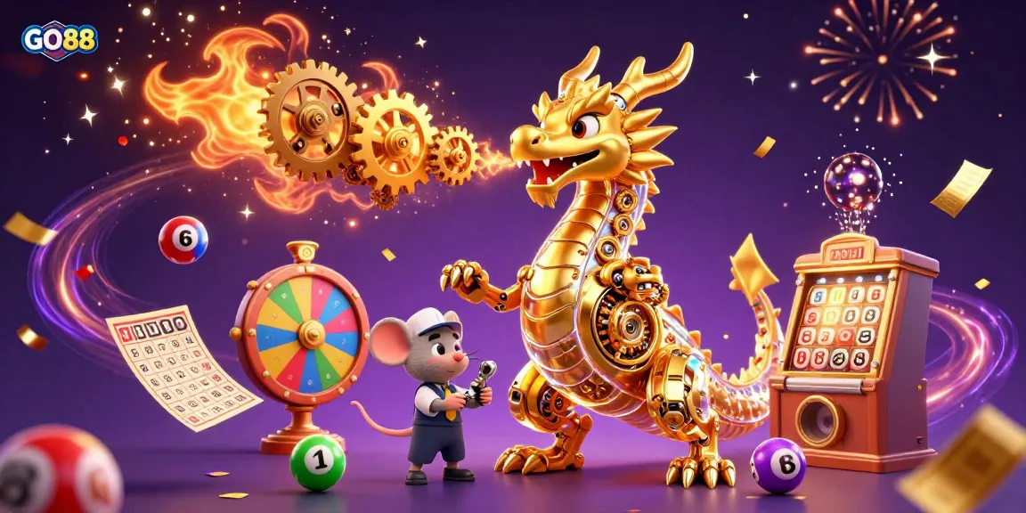 Experience thrilling gameplay with GO88 through a whimsical 3D illustration featuring a dragon and vibrant casino elements.
