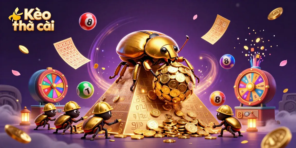 Kèo nhà cái showcases a cartoon beetle rolling golden coins up a pyramid, symbolizing exciting betting opportunities.