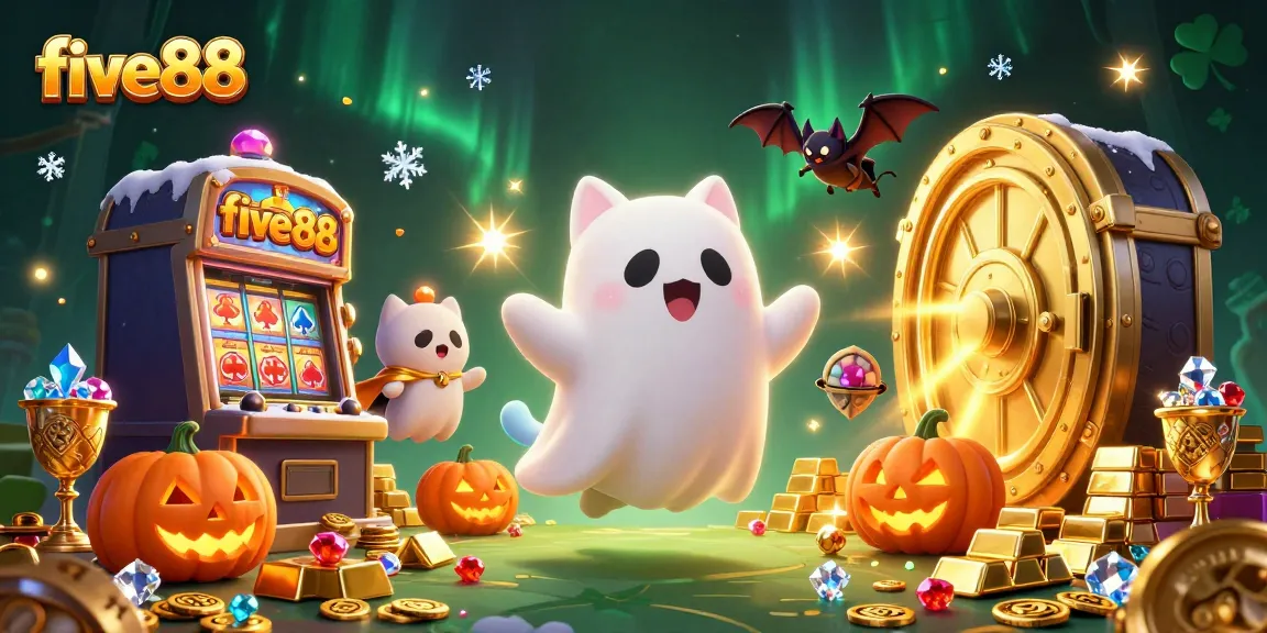 Join the fun at five88 with a friendly ghost cat and vampire bat in a vibrant casino.