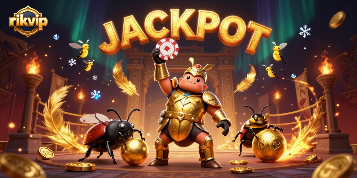 Engage in thrilling gameplay with rikvip as a hercules beetle celebrates a big win with poker chips.