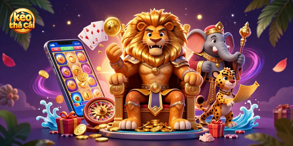 Engage with kèo nhà cái featuring a lion king and a vibrant casino scene filled with slot games.