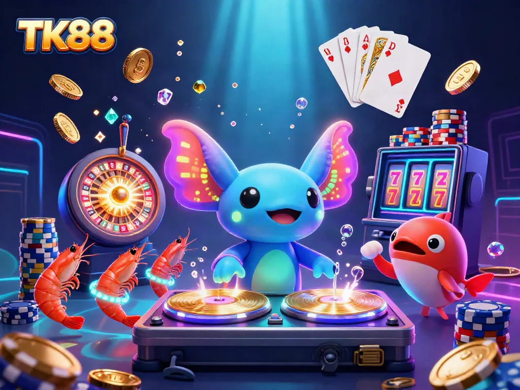 Experience thrilling gameplay with TK88 as an axolotl DJ spins records in a glowing underwater casino scene.