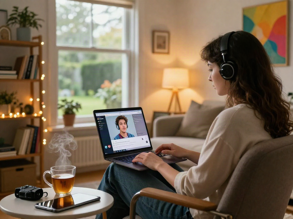 Engaging in a sex chat ai conversation in a cozy home office, showcasing friendly interaction and technology.