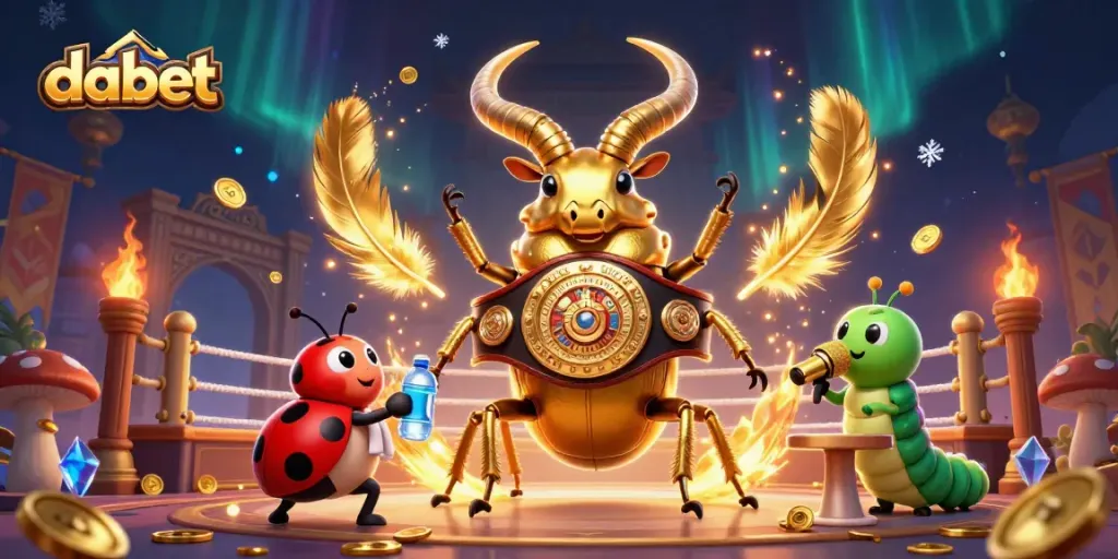Dabet features a vibrant casino scene with a giant stag beetle battling, shadows glowing across a dynamic backdrop.