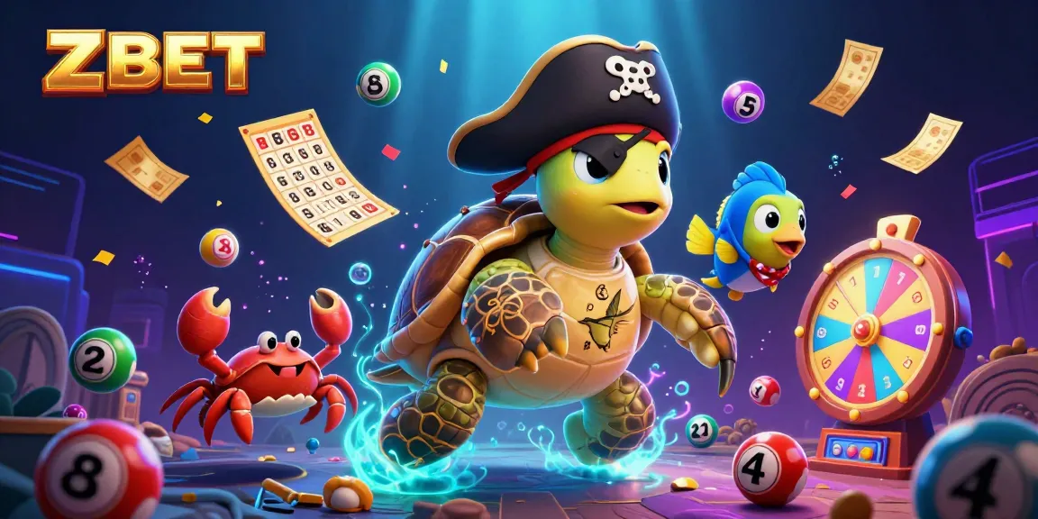 ZBET showcases an exciting casino scene with a pirate turtle, hermit crab, and parrotfish amidst colorful lottery elements.