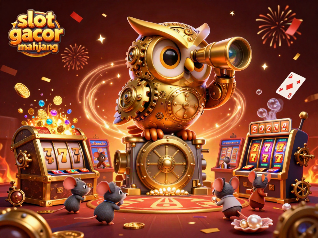 Engage in slot gacor mahjong with vibrant 3D casino illustration showcasing gold coins, slot machines, and characters.