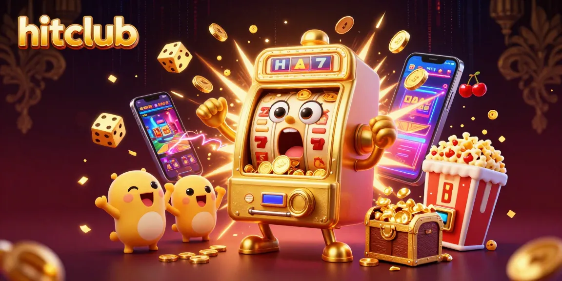 Hitclub inspires thrilling wins with a golden slot machine celebrating a jackpot amidst vibrant casino elements.