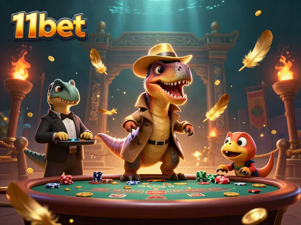 Engage with 11bet's unique casino adventure featuring cartoon velociraptors and a dynamic blackjack scene.