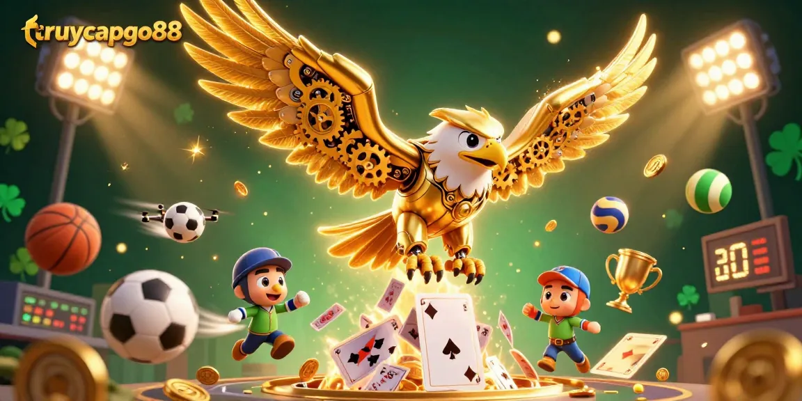 Experience thrilling gameplay at truycapgo88 with a dynamic scene of golden eagles and sports elements.