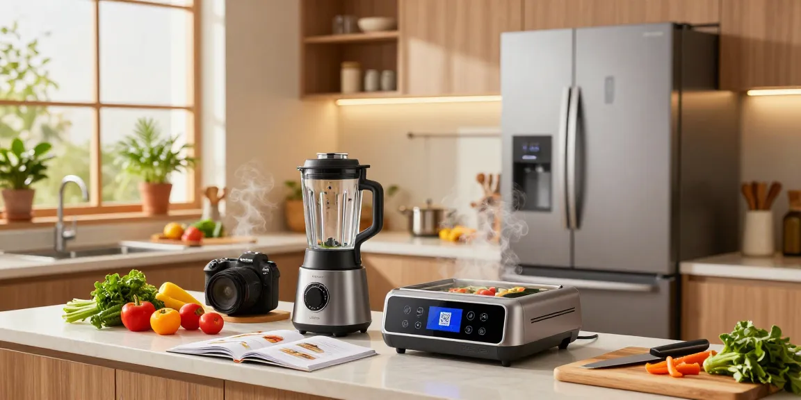 Smart kitchen gadgets in action, enhancing meal prep with modern appliances in a bright kitchen.