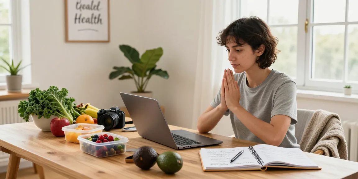 Person studying nutrition on koiaminos.com/catalog/glp-3-r with fresh ingredients, laptop, and motivational decor