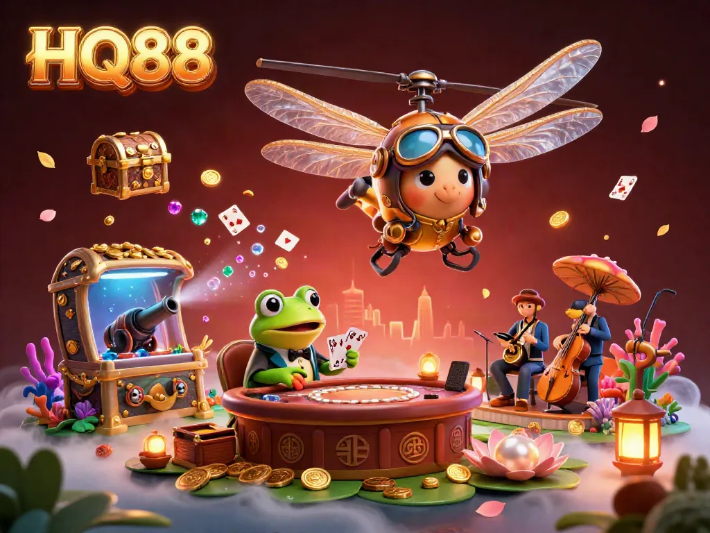 Experience thrilling action at HQ88 with a vibrant 3D casino scene featuring a dragonfly pilot and frog croupier.