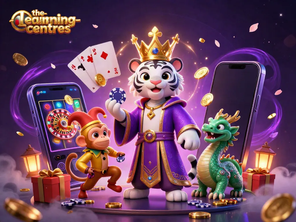 The-learning-centres enhances casino experience with a playful tiger, monkey, and a dragon amidst vibrant gaming elements.