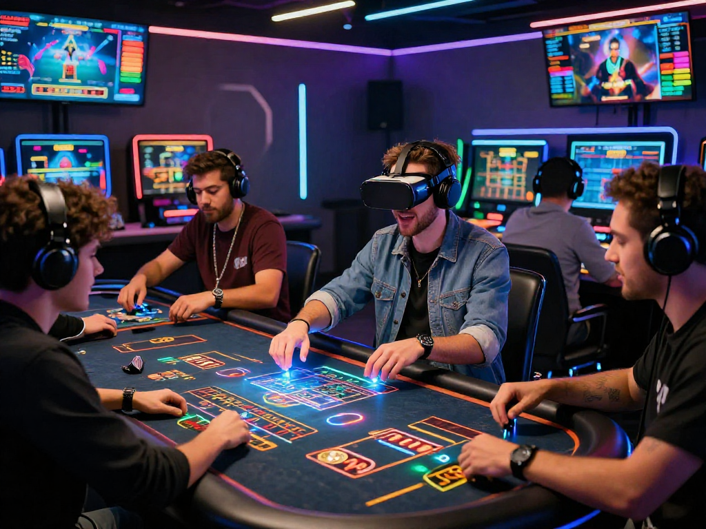 Thrilling crypto casino atmosphere with diverse players engaged in virtual gaming experiences