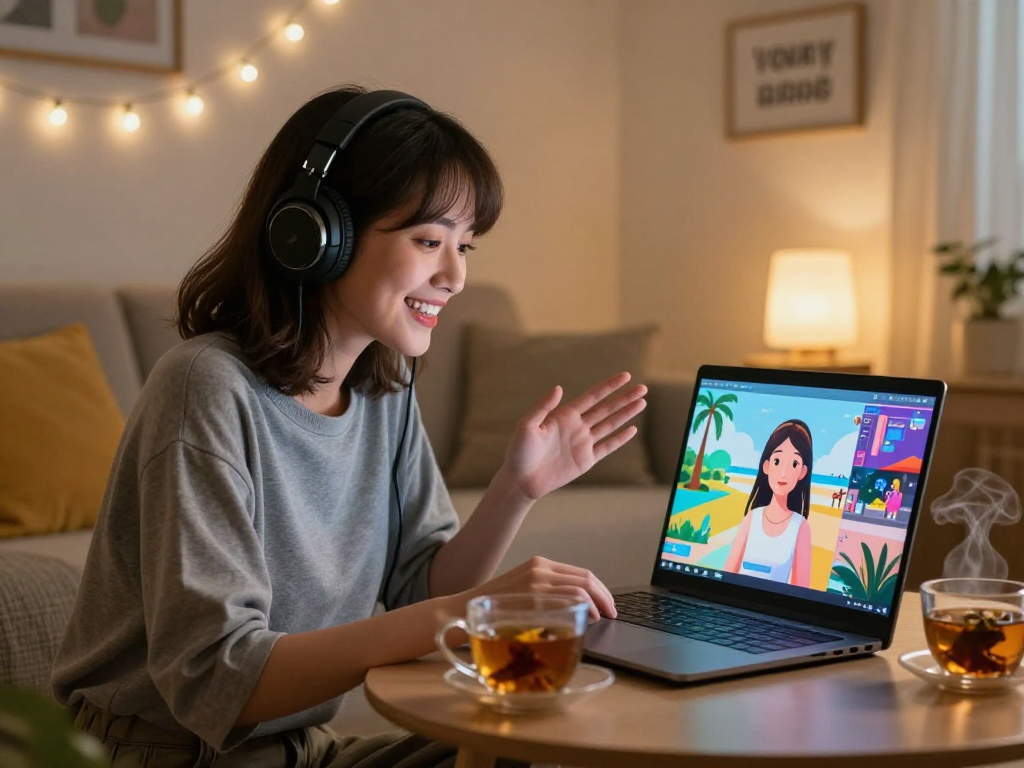 Young woman connecting with her AI girlfriend in a cozy virtual living room