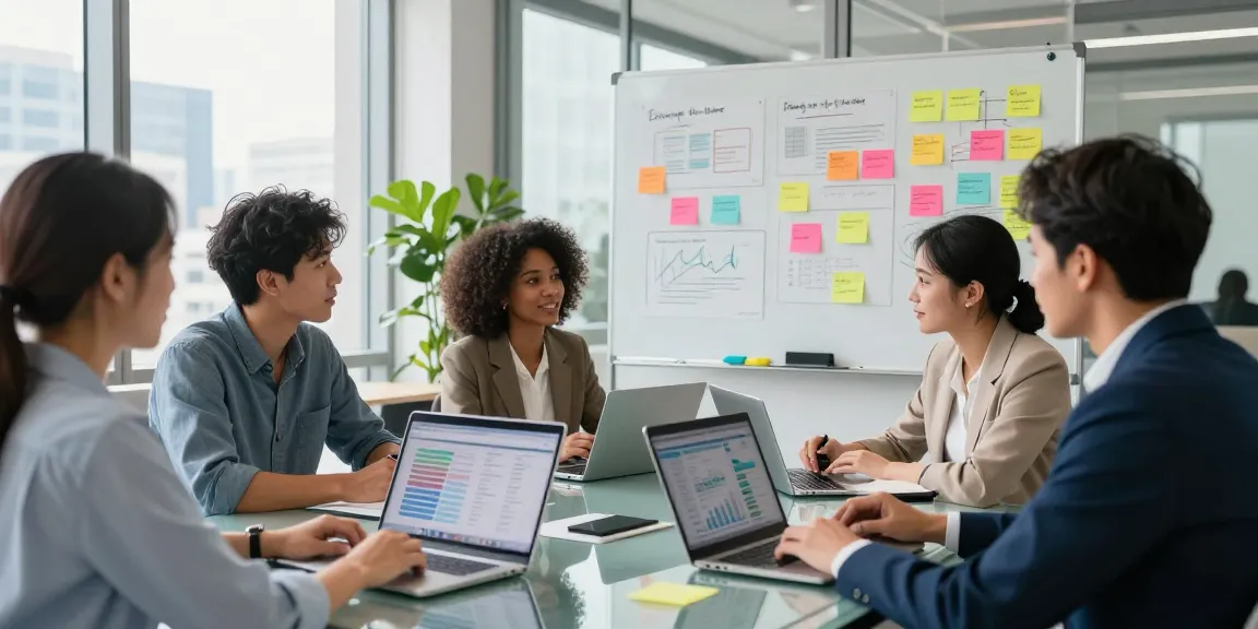 Team brainstorming business promotion & social visibility strategies in a modern office