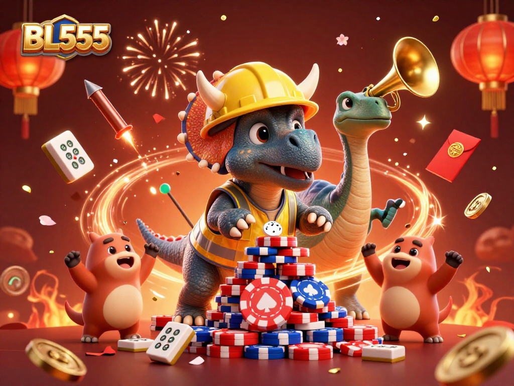 Engage in exciting gameplay at BL555 with vibrant casino-themed characters celebrating wins and playing with poker chips.
