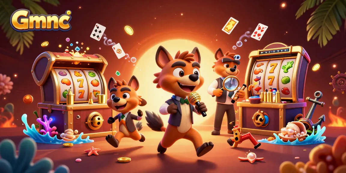 Experience Gmnc's lively comedy casino scene with hyena characters and vibrant gaming elements.