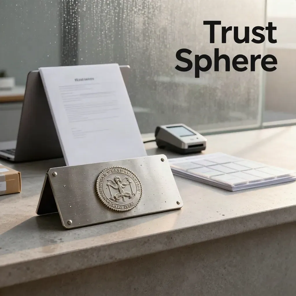 Trust seal plaque on a damp ecommerce counter with laptop, policy folder, card reader and parcels.