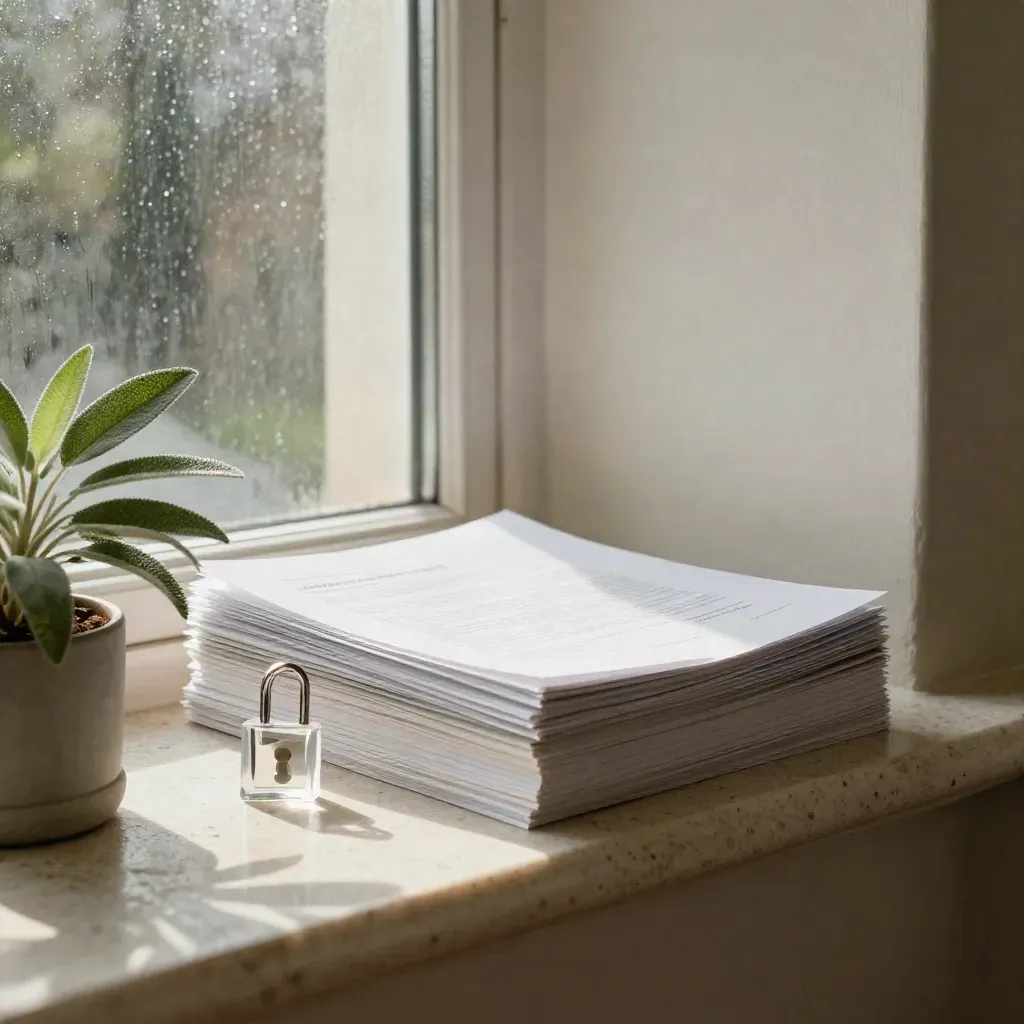 Frosted policy sheets, clear lock token, and a small plant on a stone windowsill.