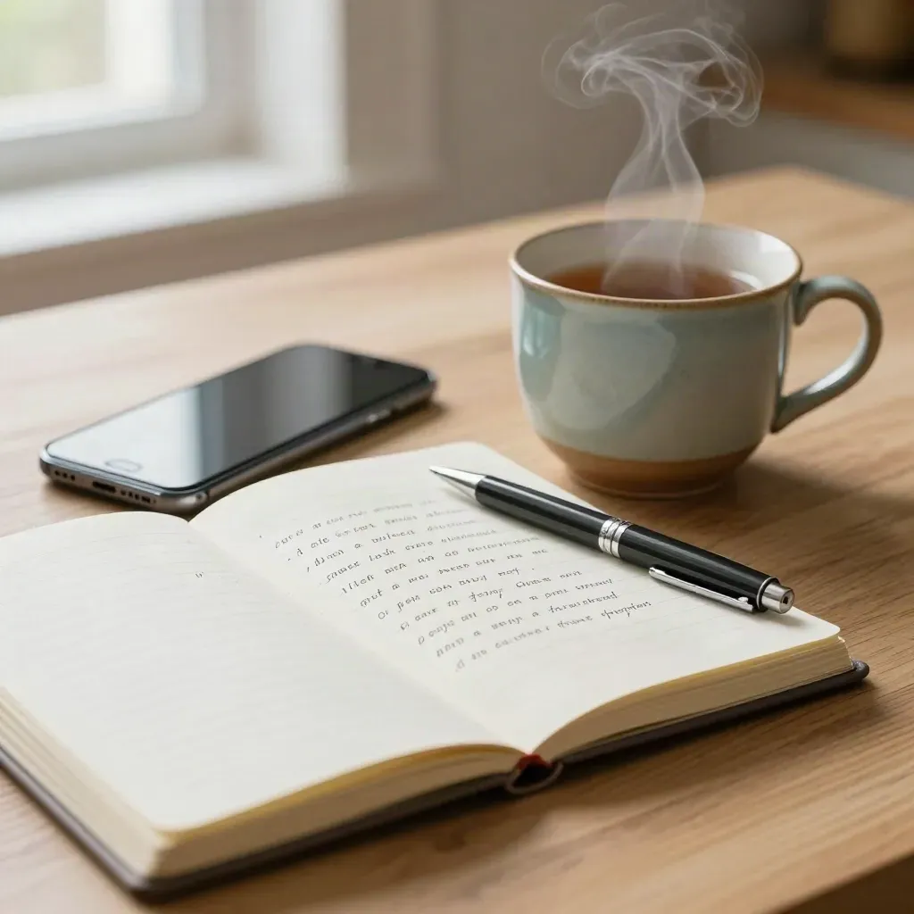 Steam over a tea mug beside a phone and open review notebook on a kitchen table.