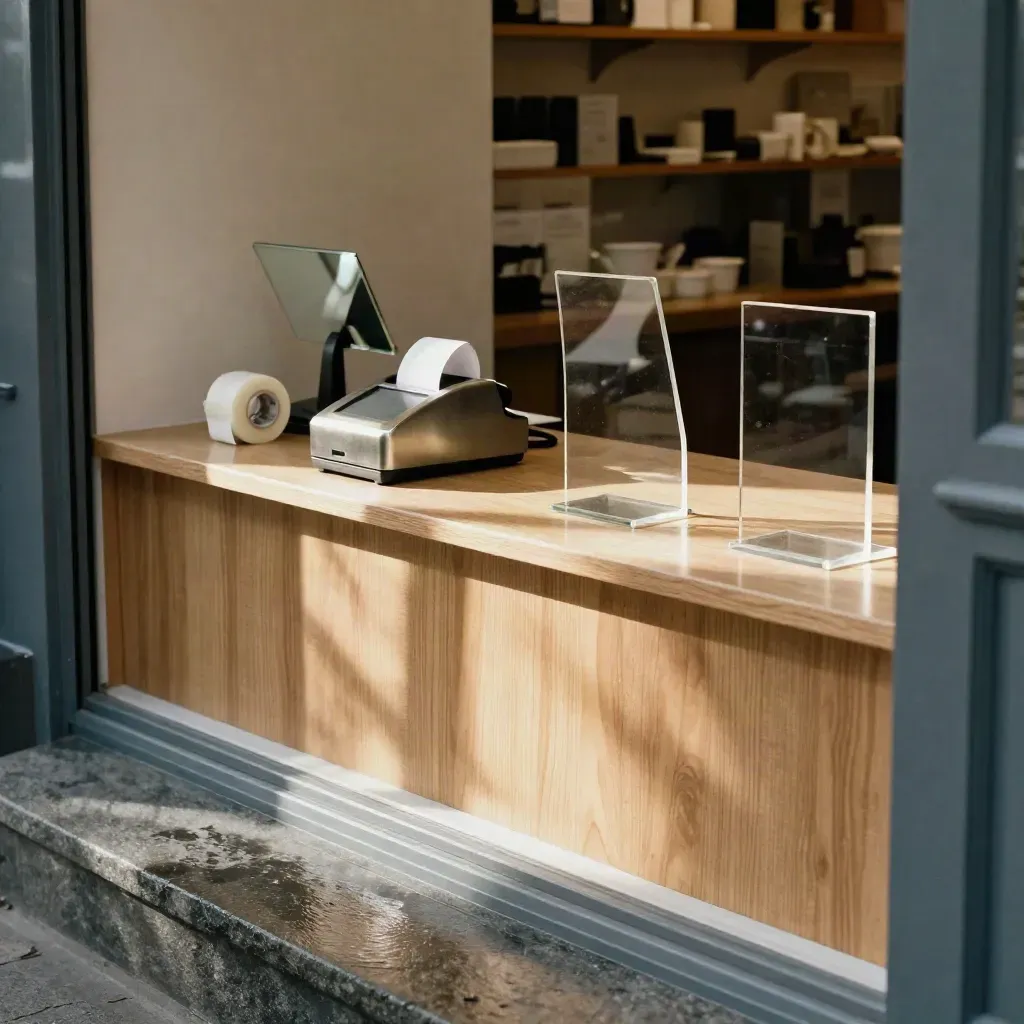 Boutique checkout counter reset before opening, with card reader, mirror and display stands.