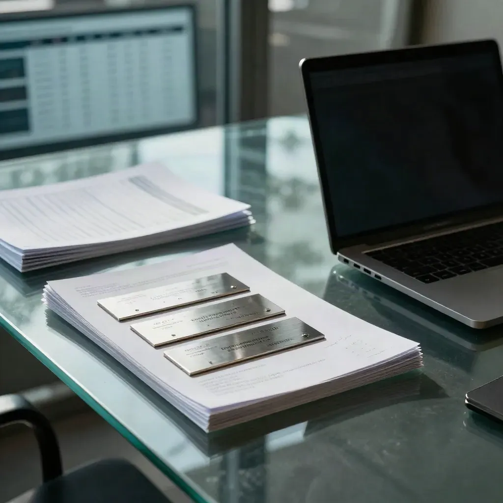 Glass meeting room table with laptop, testimonial plaques and product notes, pricing screen blurred behind