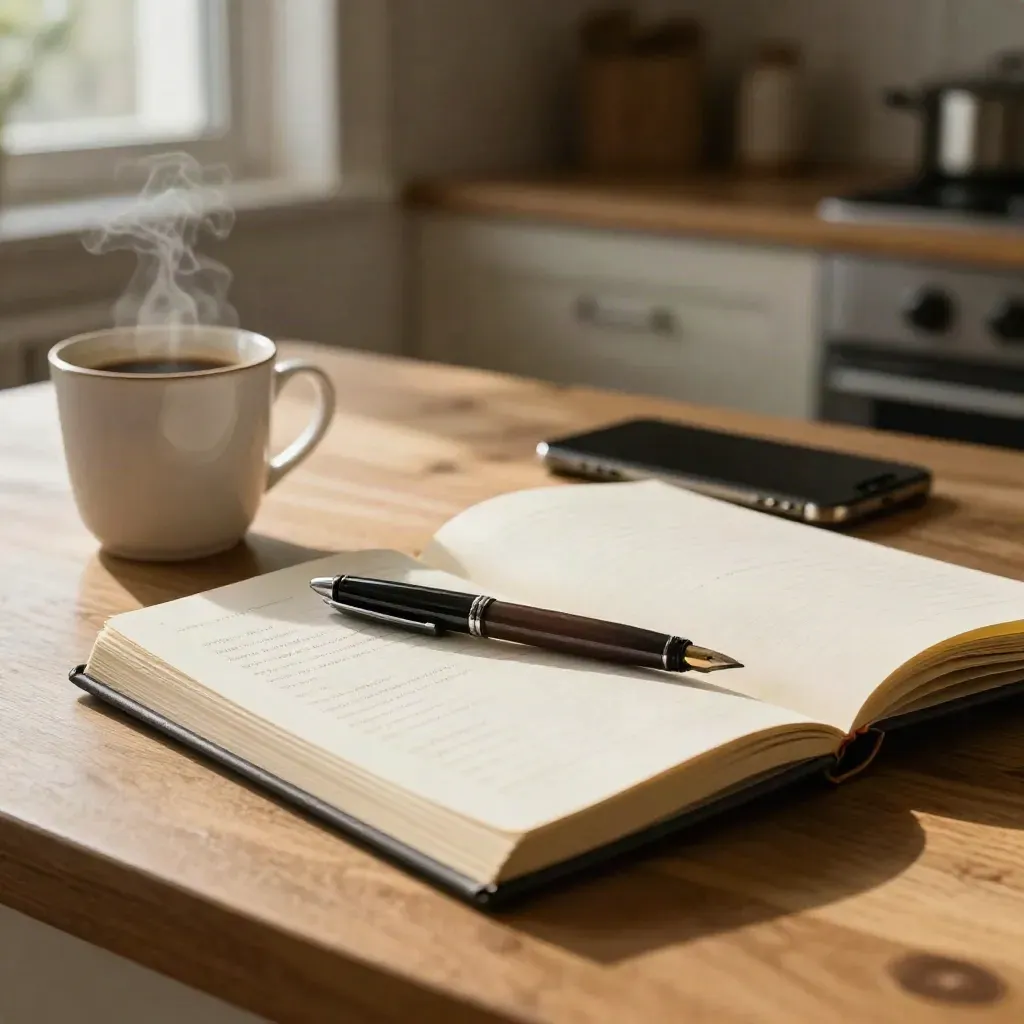 Steaming coffee beside an open notebook, pen and phone on a warm kitchen island.