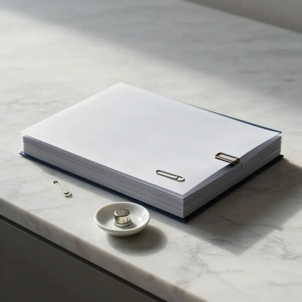 Privacy folder, paper clips and seal stamp on marble in a calm editorial still-life.