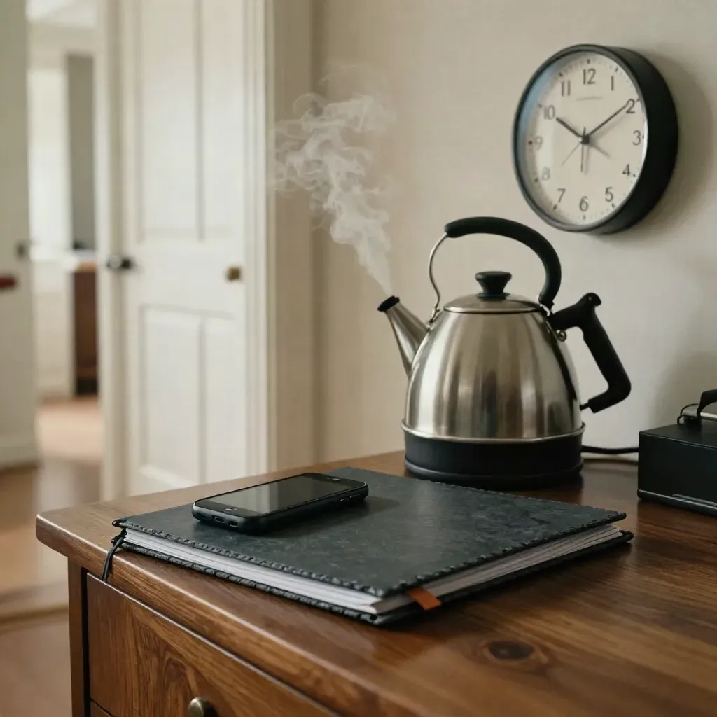 Compact crisis kit on a dark desk by a lit hallway, with phone, binder, kettle steam and wall clock.