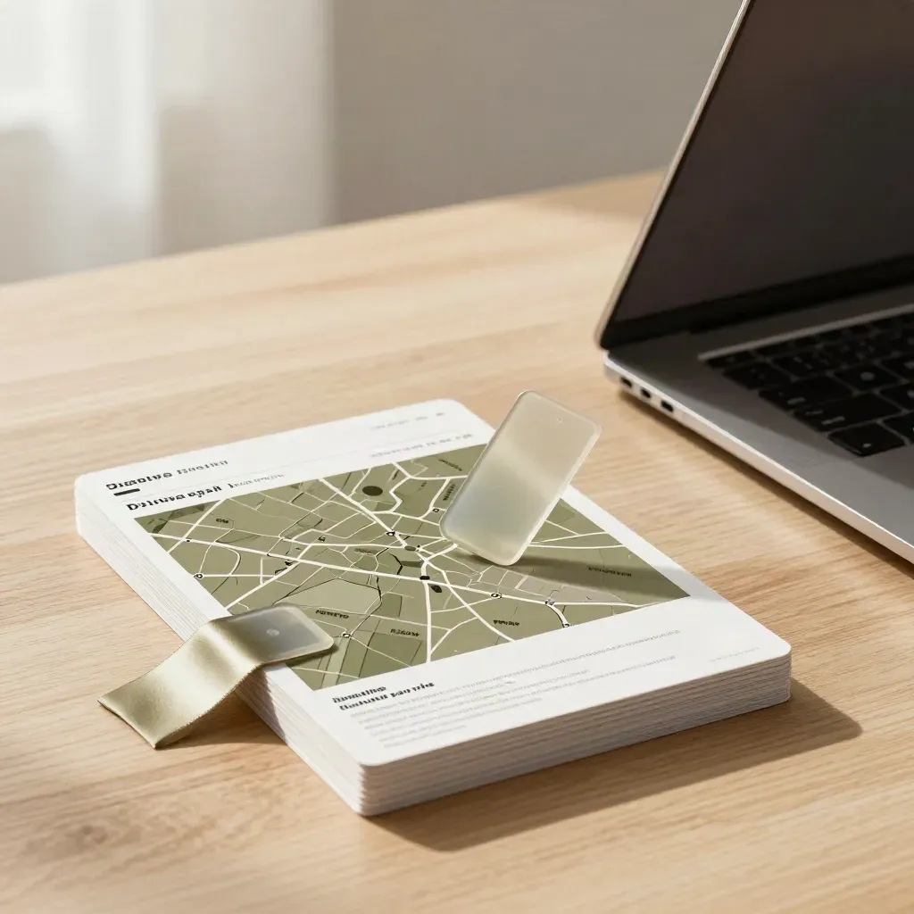 Proof cards and a laptop stand slide on a pale oak surface in soft daylight.