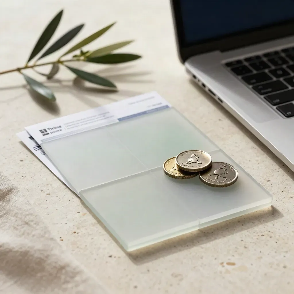 Overhead macro of trust audit proof tiles, policy sleeve, tokens, laptop edge and plant on travertine.