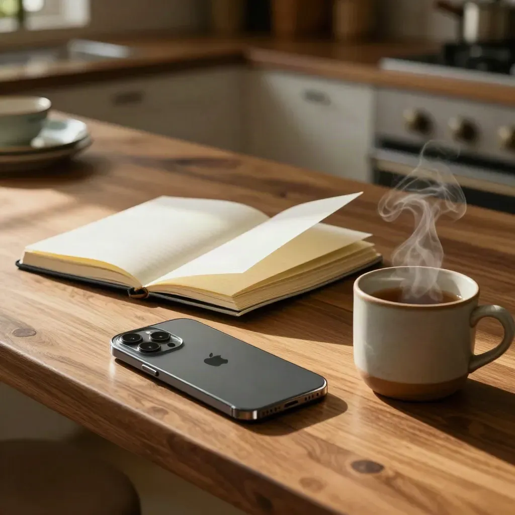 Tea-steamed reply notebook, face-down phone and mug on a walnut kitchen island.