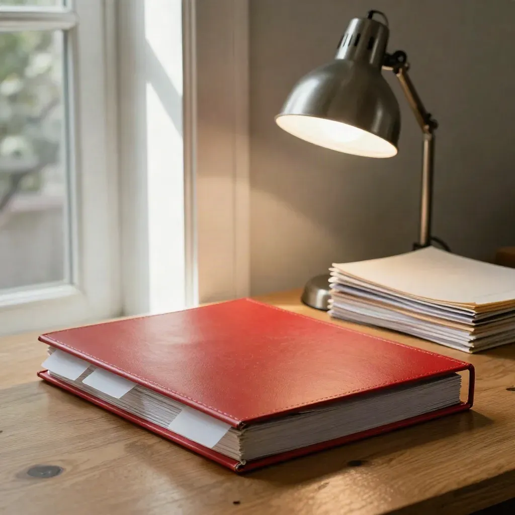 Redacted policy binder with frosted tabs beside a desk lamp in dramatic side light.