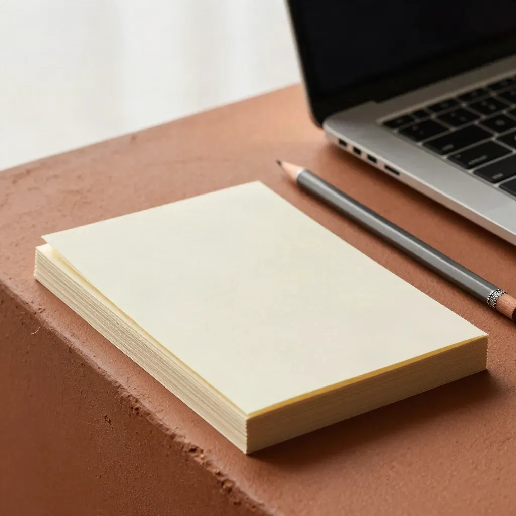 Draft note cards, a pencil and angled laptop stand on a terracotta ledge in soft daylight.