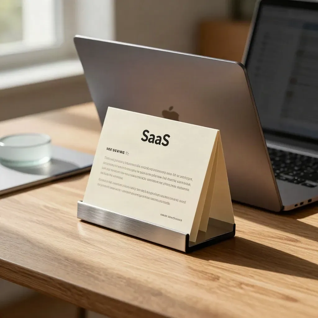 Laptop, award plaque and inward-facing testimonial cards on a warm oak table in soft office light
