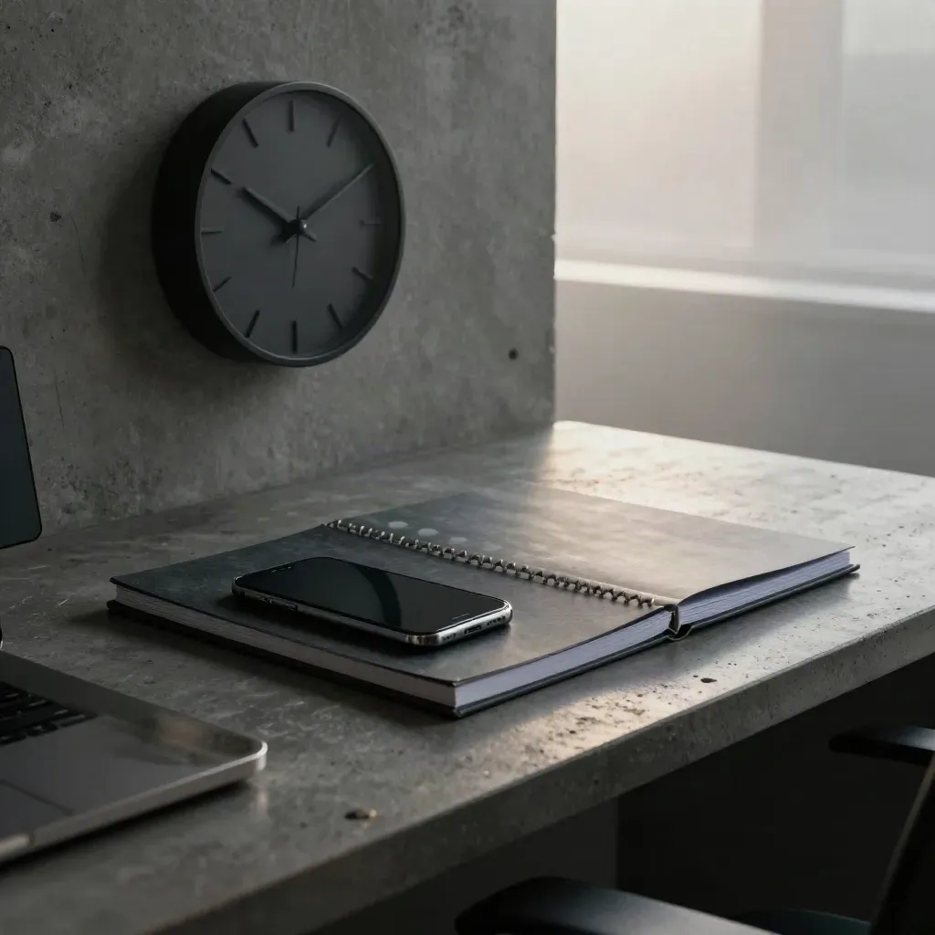 Dim office crisis kit with silent phone, wall clock and closed binder on a dark concrete desk at dawn