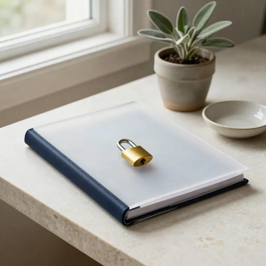 Frosted privacy binder with brass lock token beside a small plant and ceramic dish on soft plaster.